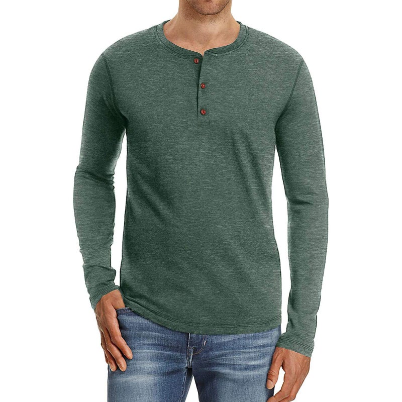 PEGENO Men's Casual Slim Fit Long Sleeve Henley T-Shirts Cotton Shirts (US Large, A2 VG-Green) - Image 1